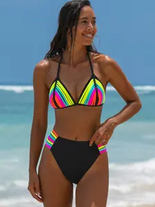 POPVIL Rainbow Bandage Design Bikini Set,Triangle Cup Back Tie Swimsuit,Tummy Control Halter Neon Bikini Set,dealsforyoudays