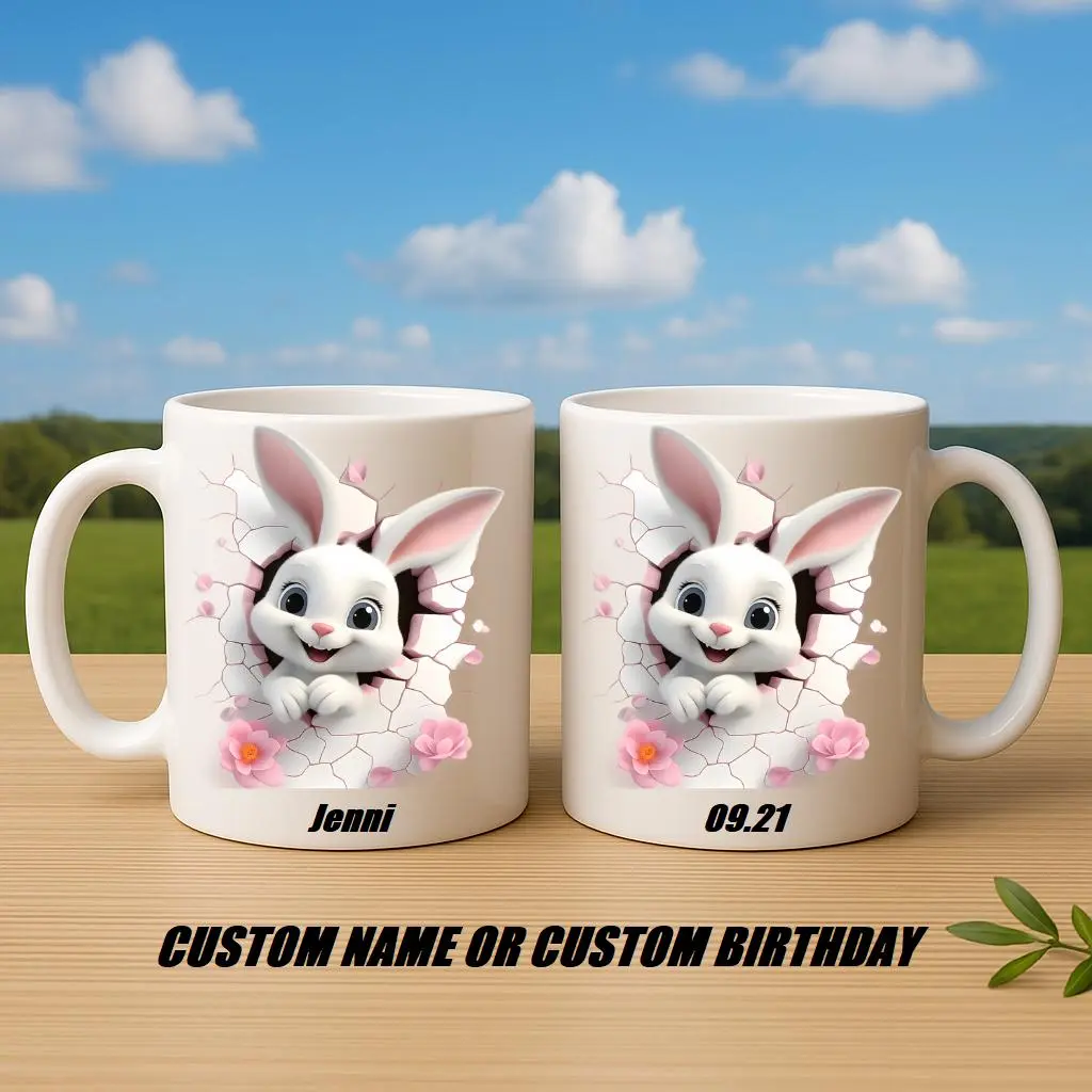 Personalized Cute Bunny Mug with Custom Name or Date, 3D Rabbit Cracked Wall Floral Design Ceramic Coffee Cup, Unique Custom Drinkware for Home and Everyday Use | Gifts for Kids | Home Decor | Hot Chocolate | Drinks | Novelty Gifts | Office Mugs |