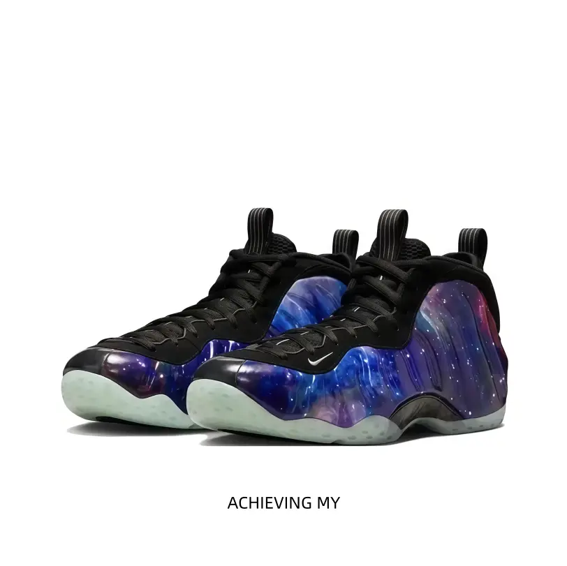 Galaxy nebula print foamposite mid top basketball sneakers cosmic blue purple gradient upper black collar icy mint translucent outsole street fashion unisex performance trainers