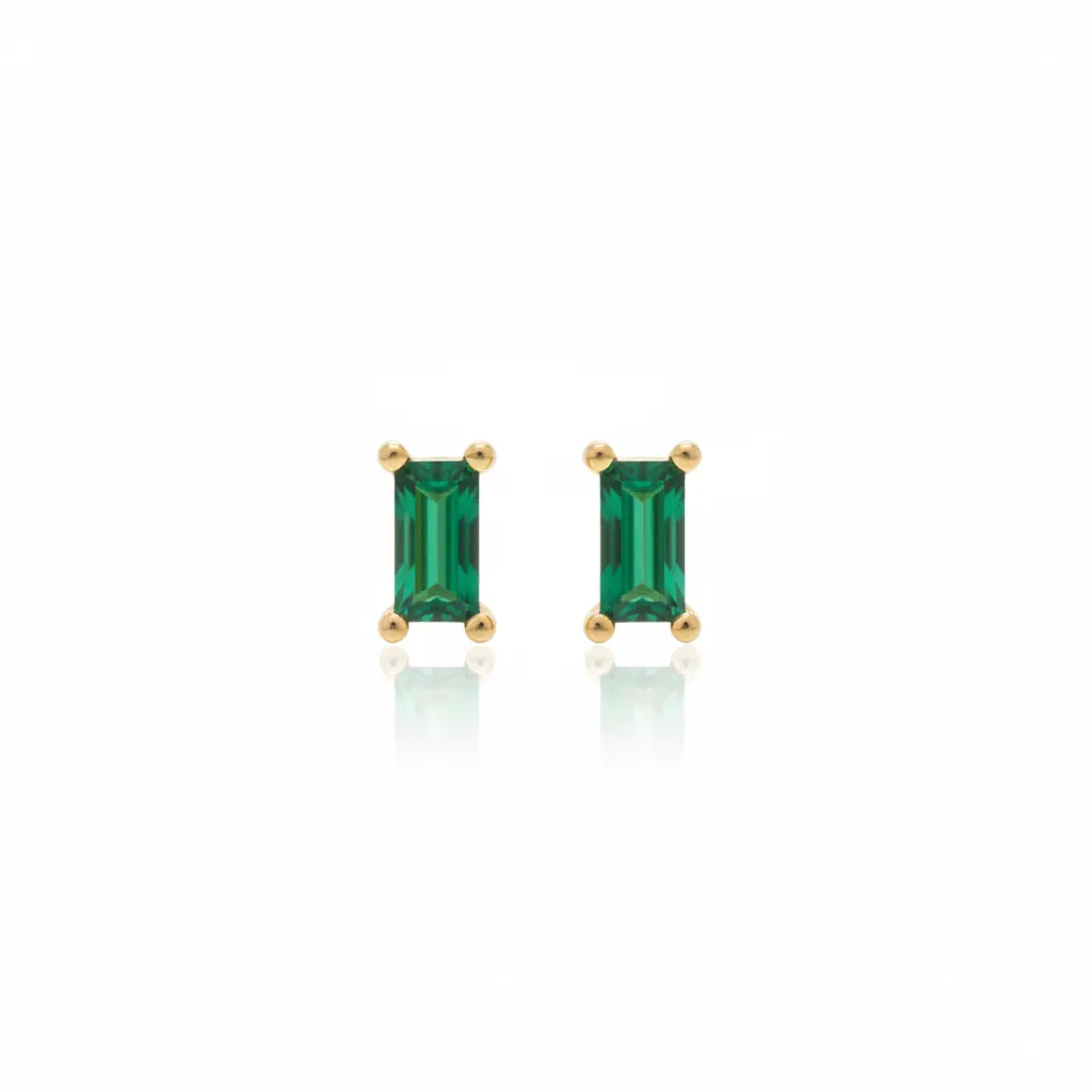 Green Baguette CZ Stud Earrings 14K Gold Plated 925 Sterling Silver 2.5x5mm