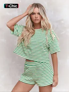 Women's Striped Print Crop Top & Shorts Loungewear Set, Casual Comfy Round Neck Short Sleeve Top & Shorts PJ Set, Shorts Pajama Set, Ladies Sleepwear for All Seasons, Loungewear Pjs