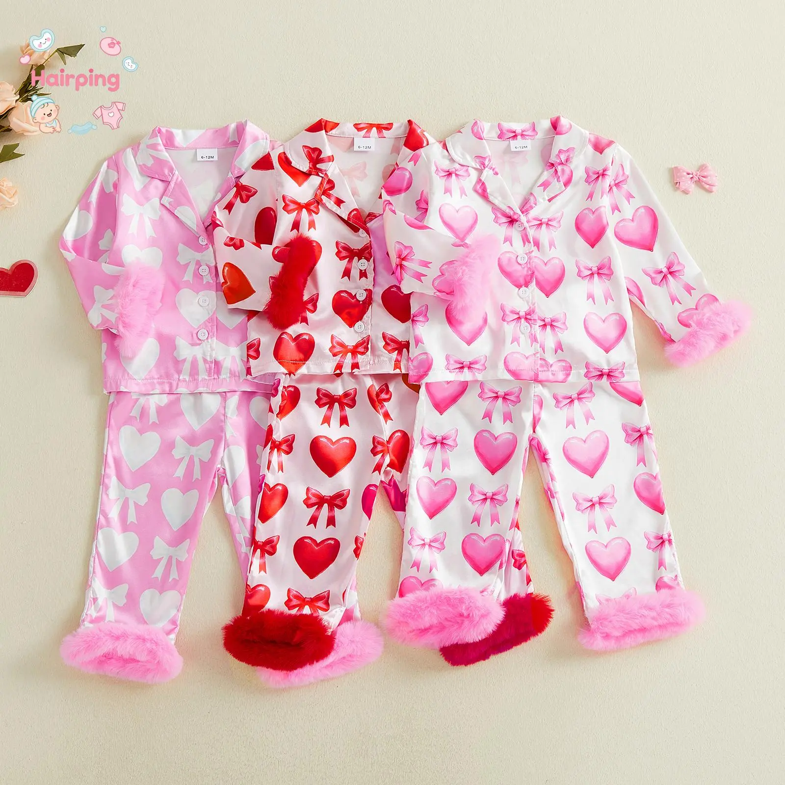 Toddler Girl 2-Piece Valentine's Day Satin Pajamas Set - Baby Clothing Clothes, Bow Heart Print, Long Sleeves Collared Top, Elastic Waist Pants, Soft Polyester Casual Sleepwear Loungewear Gift Set, Bow Hearts