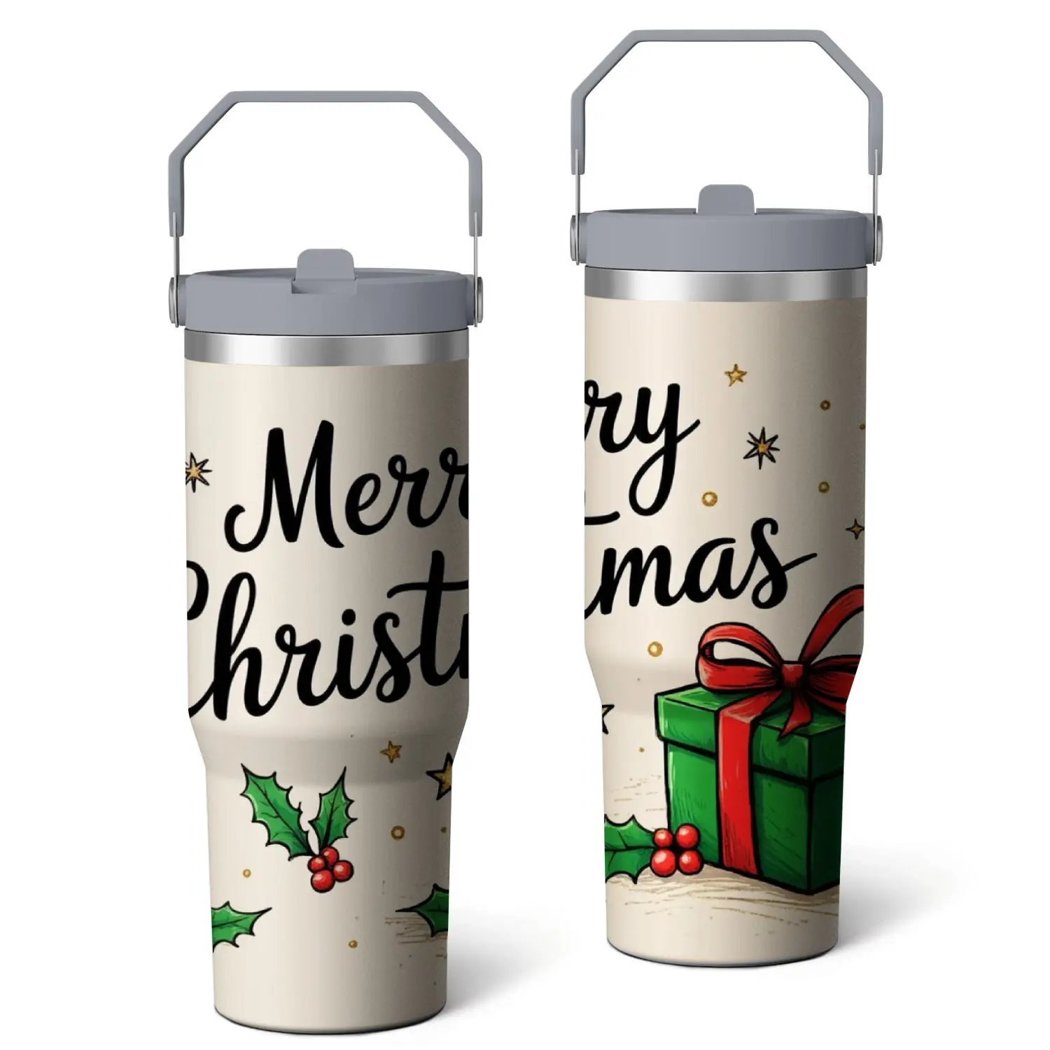 Stainless Steel Travel Tumbler - Cream Color - Merry Christmas Text with Holly and Gift Box Design - Perfect for Holiday Season and Festive Occasions