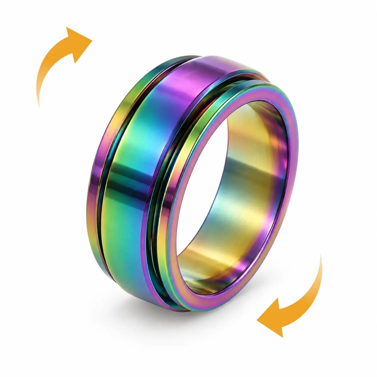 September Laurel Rainbow Spinner Ring for Men & Women, Rotating Fidget Band with Iridescent Color Finish, Wide Statement Ring, Cool Unisex Jewelry for Daily Wear, Birthday Gift
