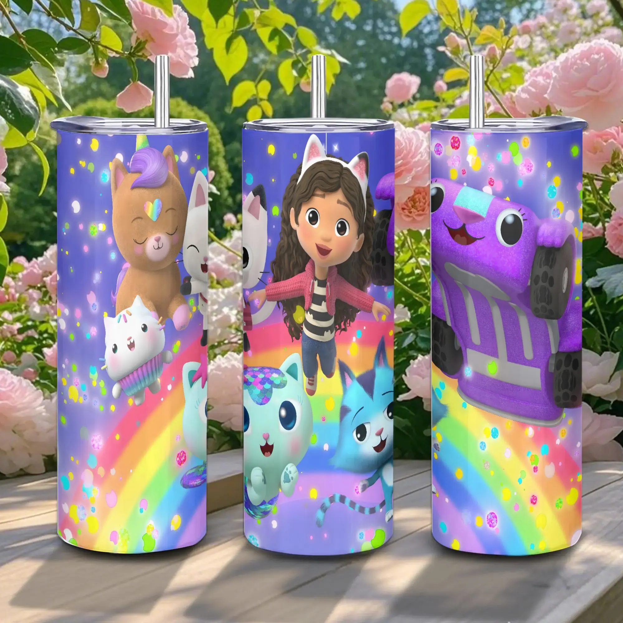 Gabby Dollhouse Pattern 20oz Stainless Steel Insulated Cup - Lightweight Vacuum Flask with Straw, Portable Coffee Drinkware, Home Office Use, Boyfriend Gift, Summer Cool Bottle