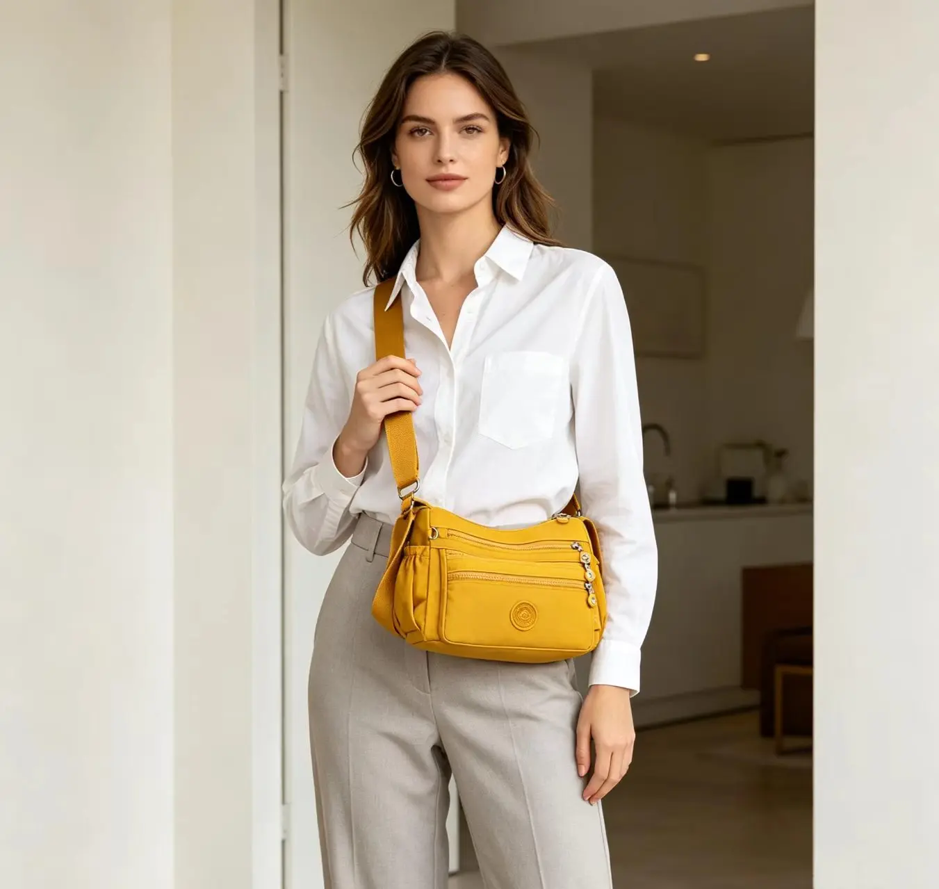 Lightweight Waterproof Nylon Crossbody Bag for Women, Multi Pocket Travel Shoulder Purse, Large Capacity Everyday Casual Messenger Bag multiple zip solid color nylon fanny pack fashion versatile handbag