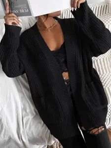 Women's Halloween Themed Plain Textured Pocket Open Front Cardigan, Casual Long Sleeve Cardigan, Ladies Knitwear for Fall Daily Wear