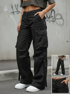 Women's solid color cargo pants classical multiple pockets plain wide leg high elastic waist cargo pants elegant casual bottoms hiphop streetwear Casual Streetwear Trousers