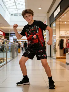 Kids 2 Piece Outfits Skibidi Toilet Speaker Man Print Boys Summer Short Sleeve T Shirt + Shorts Set Streetwear Theme Breathable Casual Clothes for School Daily Cool Personality Kids Clothing