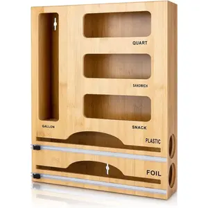 Storage Bag Organizer with Foil and Plastic Wrap Organizer , Aluminum Foil Dispenser with Cutter, Bamboo 6 in 1 Baggie  Suitable for Gallon, Quart, Sandwich, Snack