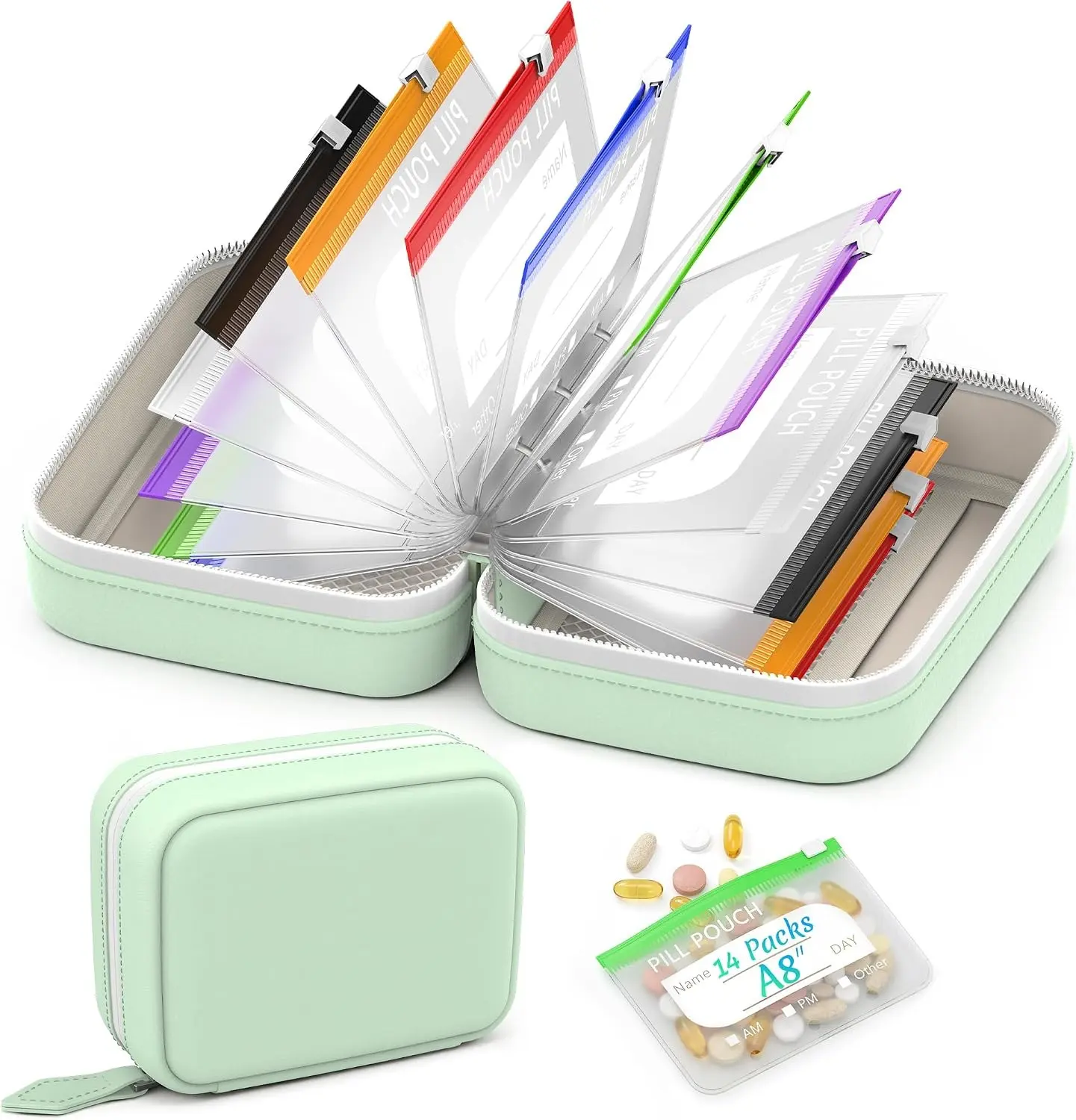 A8 Waterproof Pill Pouch Set, Large Weekly Pill Organizer with 14 Color-Coded Medicine Pouches, Reusable Travel Medicine Organizer, Zippered Pill Storage for Fish Oils, VitaminsGreen-ZENG