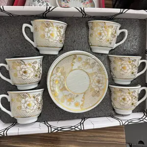 Tea Cup Set with Elegant Gold Floral Design and Matching Saucer in Luxurious Gift Box
