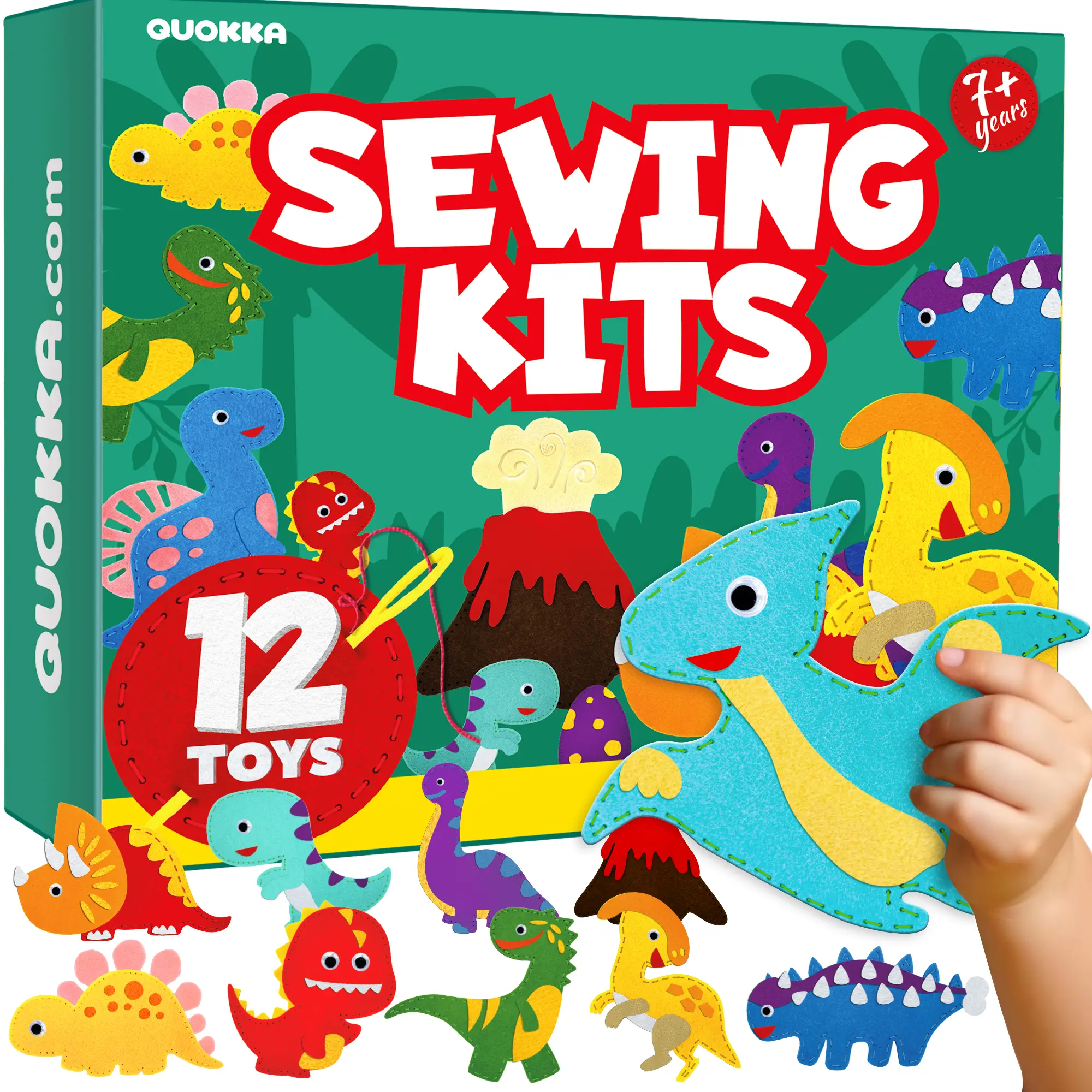 QUOKKA 12 Wild Dino Felt Crafting Kits for Kids - Beginner-Friendly Sewing Supplies Crafts, DIY Handmade Creative Kits with Manual, Educational Ages 7+ Activity to Boost Creativity, Crafting Kit
