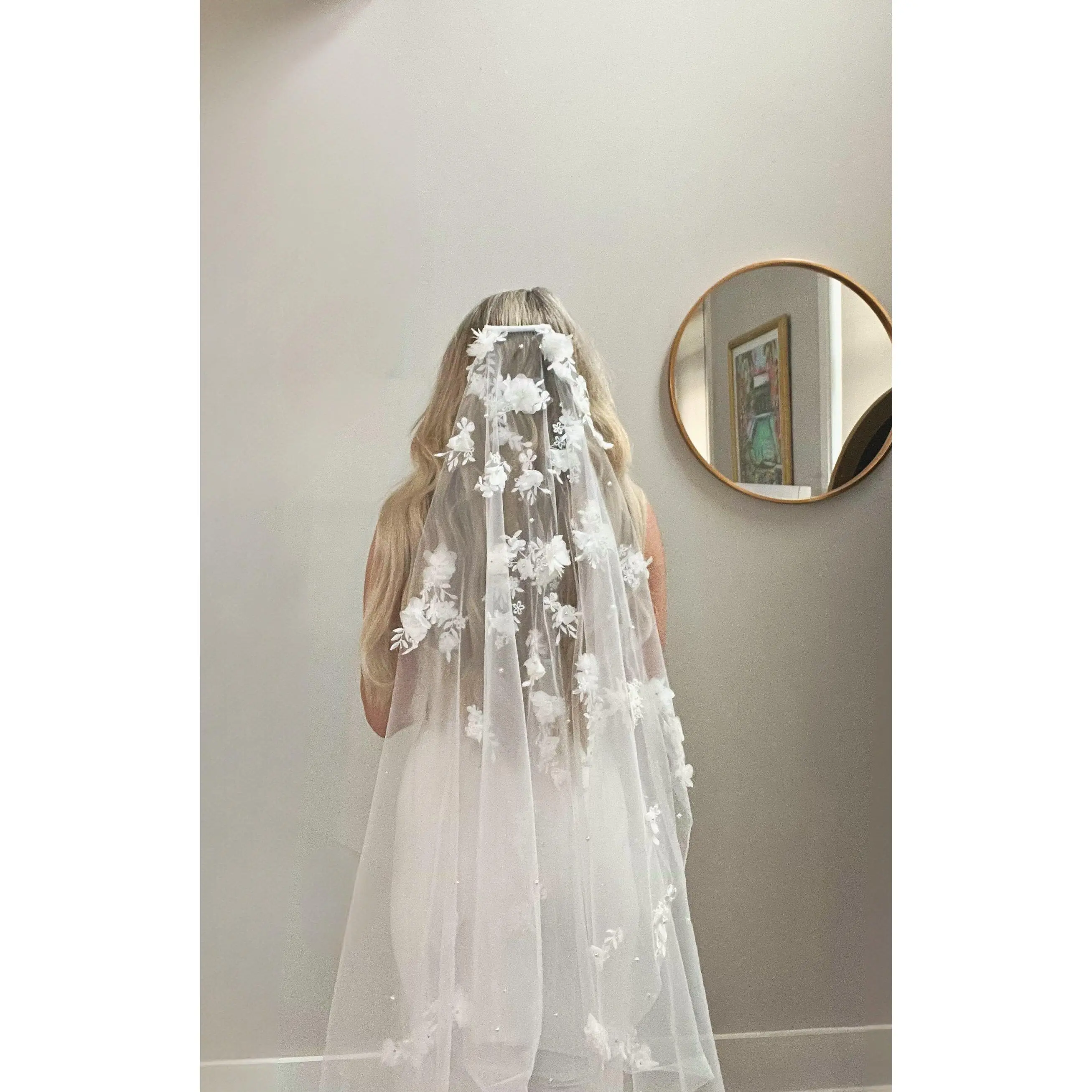 Floral & Pearl Beaded Chapel Length Tulle Wedding Veil with Comb