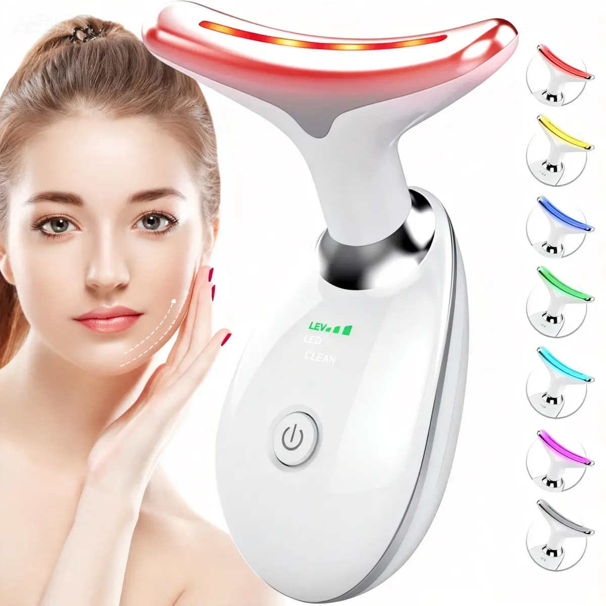 White Color LED Red Light Therapy Wand Facial Care Tool - Multi-Function Vibration, EMS Lifting, Cleansing Massager for Face & Neck, All Skin Types, Adjustable Settings, Rechargeable Battery, Single Item