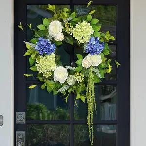 24 Inch Spring Summer Front Door Wreath with Hydrangea Rose & Peony Floral & Lush Greenery for Indoor Outdoor Seasonal Home Decor