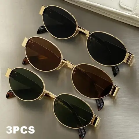 Women's 3-Pack Trendy Stylish Oval Sunglasses - Oversized Semi-Rimless Metal Frame, Dark Tint Blue Light Blocking Lenses, Casual Chic Shade Finds for Daily & Beach Activities