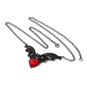Pewter Soul Desire Black Vampire Bat Red Heart Halloween Necklace