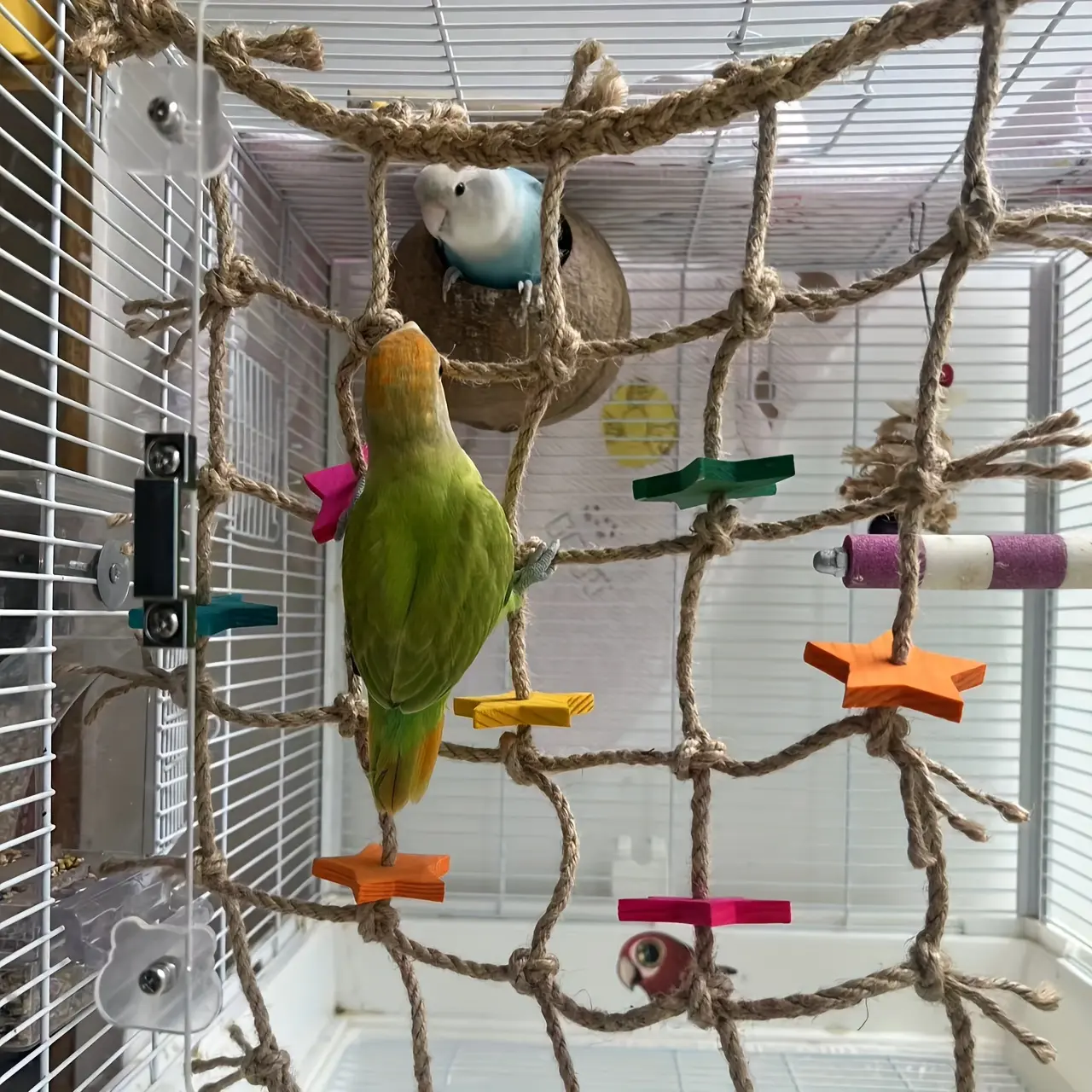 1pc Durable Hemp Rope Bird Climbing Net with Colorful Star Cutouts and Chewing Toys - Multi-Functional Parrot Play Gym for Climbing, Perching, and Foraging - Ideal for Squirrels and Honey Gliders - Cage Accessory, Bird Toy and Supplies