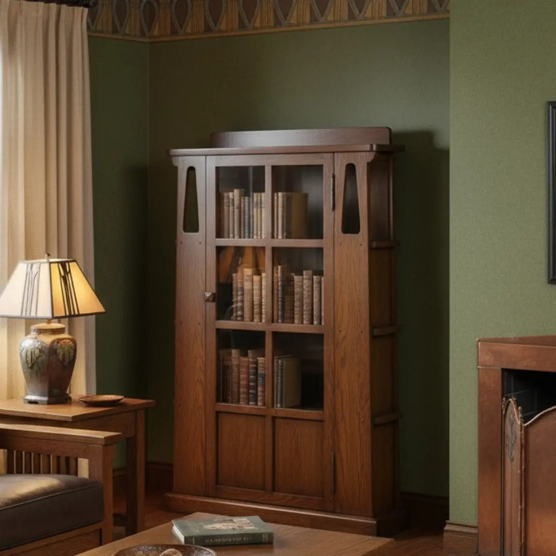 Mission 1-Door Oak Bookcase with Side Shelves, 33"w x 13"d x 48"h, Durable Arts & Crafts Style, Adjustable Glass-Door Shelves, Hand-Rubbed Lacquer Finish, Walnut Stain
