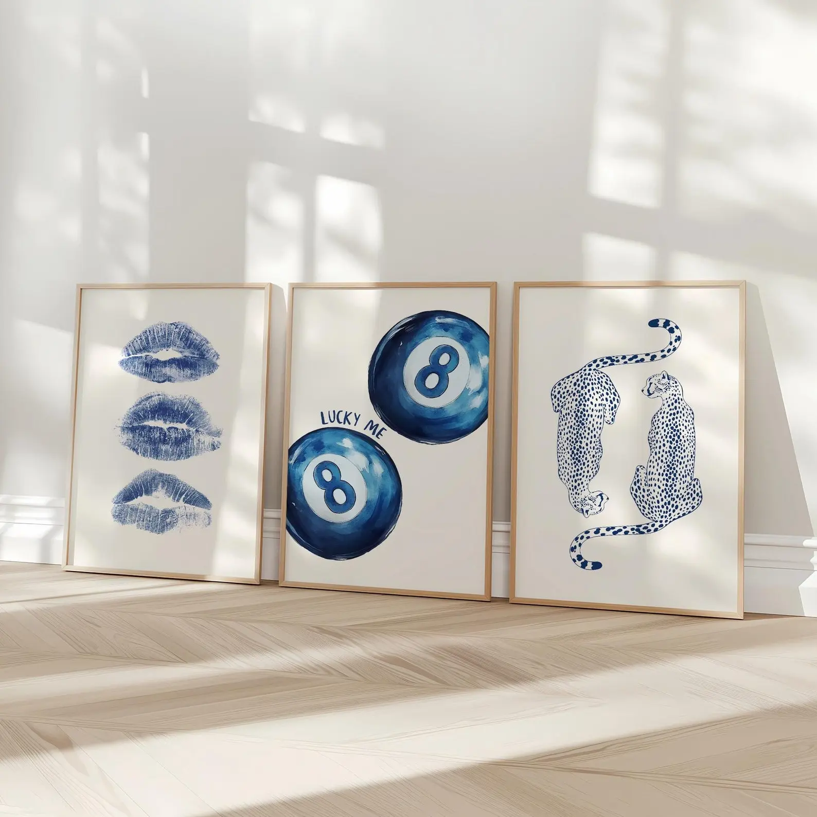 Navy Wall Art Set, Retro 8 Ball Poster, Blue Cheetah Print, Trendy Kiss Lips Digital Prints, Preppy Aesthetic, Dorm Room Decor Printable Art
