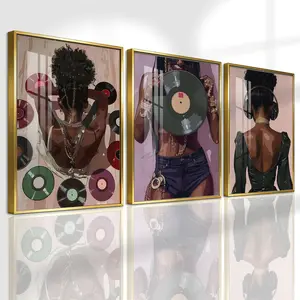 3 Counts Aluminum Alloy Framed Painting, Stylish Black Woman With Vinyl Records Art Pictures, Home Decoration For Living Room, Bedroom, Office, Restaurant, Hallway Wall Decor, Odorless Print Artwork, Luxury Perfect Gift For Friends And Family