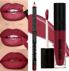 beauty glazed BEAUTYGLAZED 2pcs/Set Velvet Texture Lip Makeup Set-Lip Liner+Lip Glaze-Waterproof Long-Lasting Matte Effect, Red, Brown Colors, Create A Moisturizing And Natural Lip Makeup