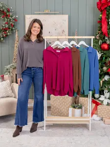 Raised Rib V Neck Collared Long Sleeve Top by DD Design | S-3XL