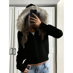 Women's Faux Fur Hooded Jacket, Fall Winter Warm Comfortable Zipper Top, Casual Street Style for Young Ladies