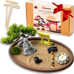 Zen Garden for Desk 13x8in – Japanese Decor with Buddha, Artificial Bonsai Tree, Tools & Accessories – Mini Zen Garden Kit for Office Desk, Home, Meditation Room, Desktop Gift Set