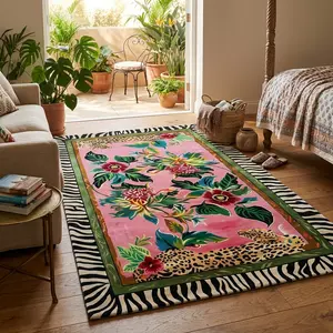 1-Piece Velvet Floral Rug — Featuring a vibrant floral pattern in pink, green, and blue, accented with black leopard-print piping; ideal for home decor in living rooms and bedrooms.