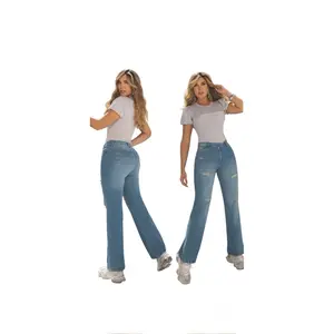 1796 Palazzo Colombian BVIOLET - Elegant Contemporary Classic Fit Below the Ankle Denim Jeans with Ripped Design Pants Womenswear Bottom Trouser Streetwear Pocket Wide Leg