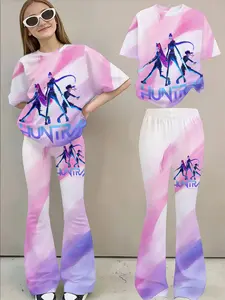 Gradient 3D Print Set, Sweet Girl Essential, Short Sleeve Flared Pants, Street Style Two-Piece, Casual Slim-Fit, Streetwear