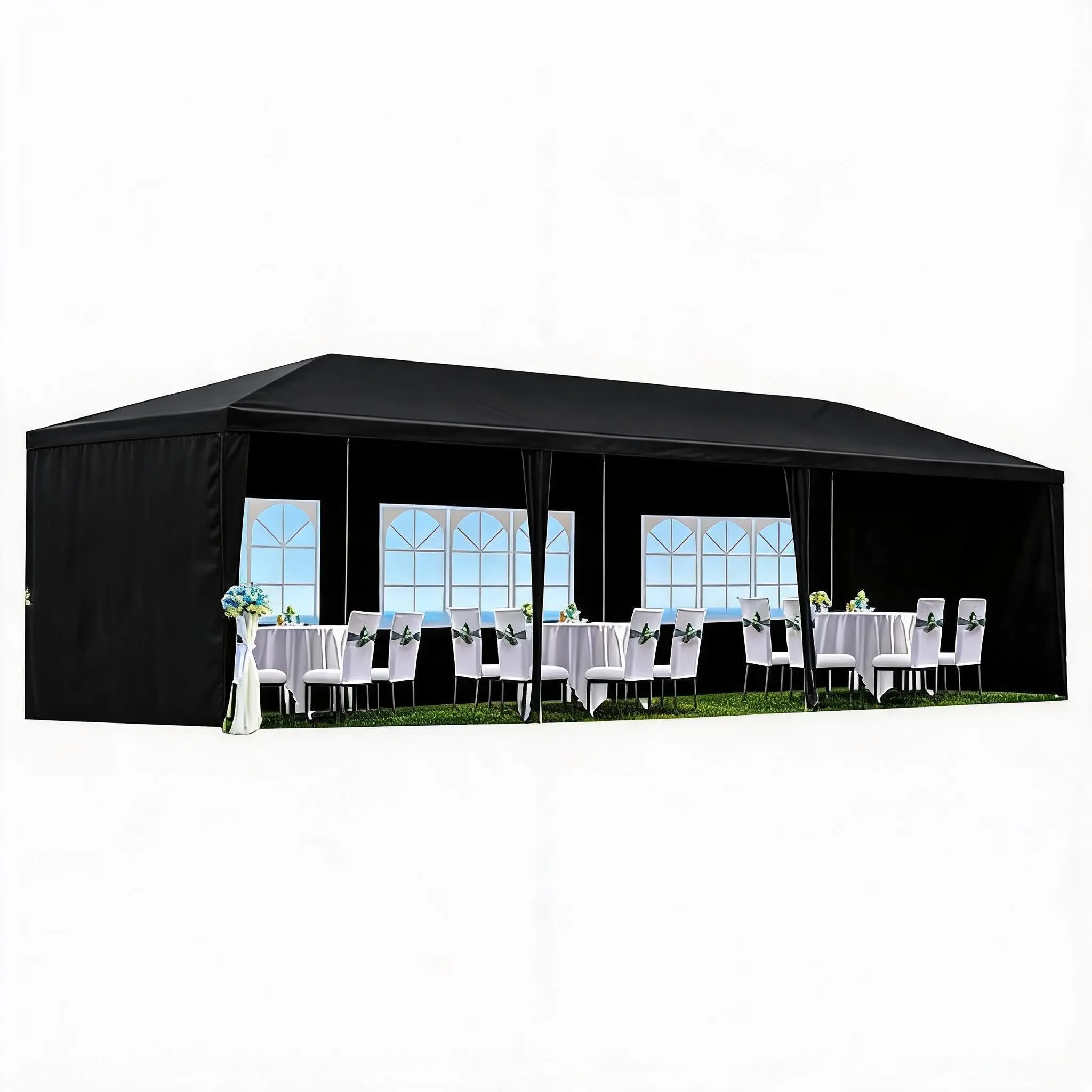 10'x30' Party Tent, Outdoor Wedding Canopy Tent with 5 Removable Sidewalls, Waterproof Heavy Duty Gazebo Shelter for Parties BBQ Events Garden Backyard Patio, Black