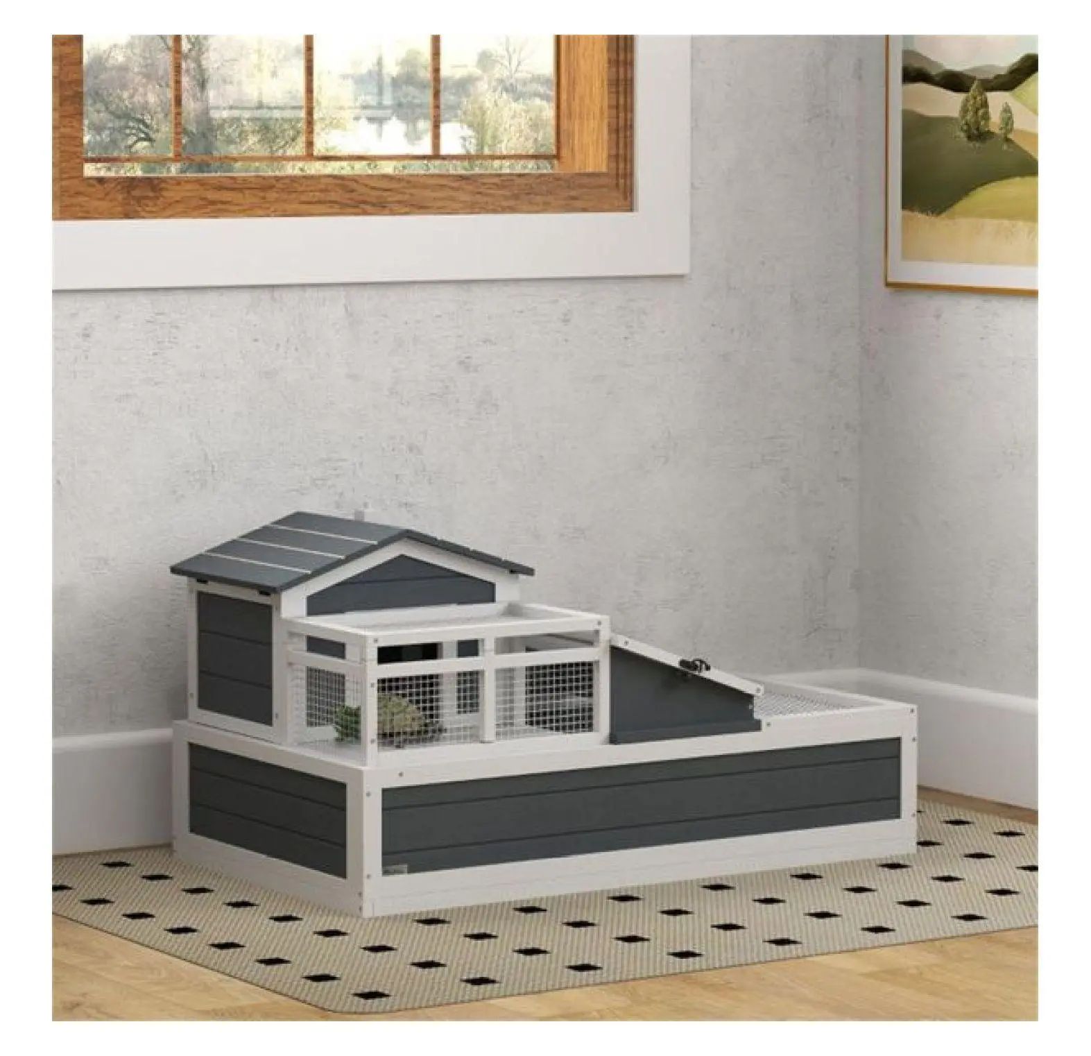 Large 3-Section Wooden Tortoise House - Reptile Enclosure with Mesh Top, Balcony Area for Indoor & Outdoor Use