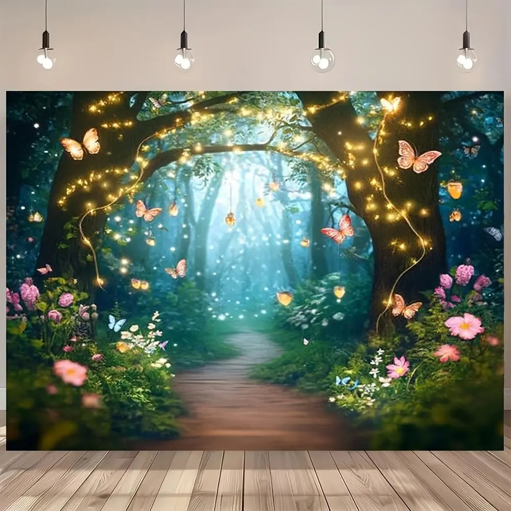 1pc Enchanted Fairy Forest Horizontal Polyester Backdrop Banner - No Electricity Required Ornament, Party Decoration Supplies, Home Wall Decor, Ornaments