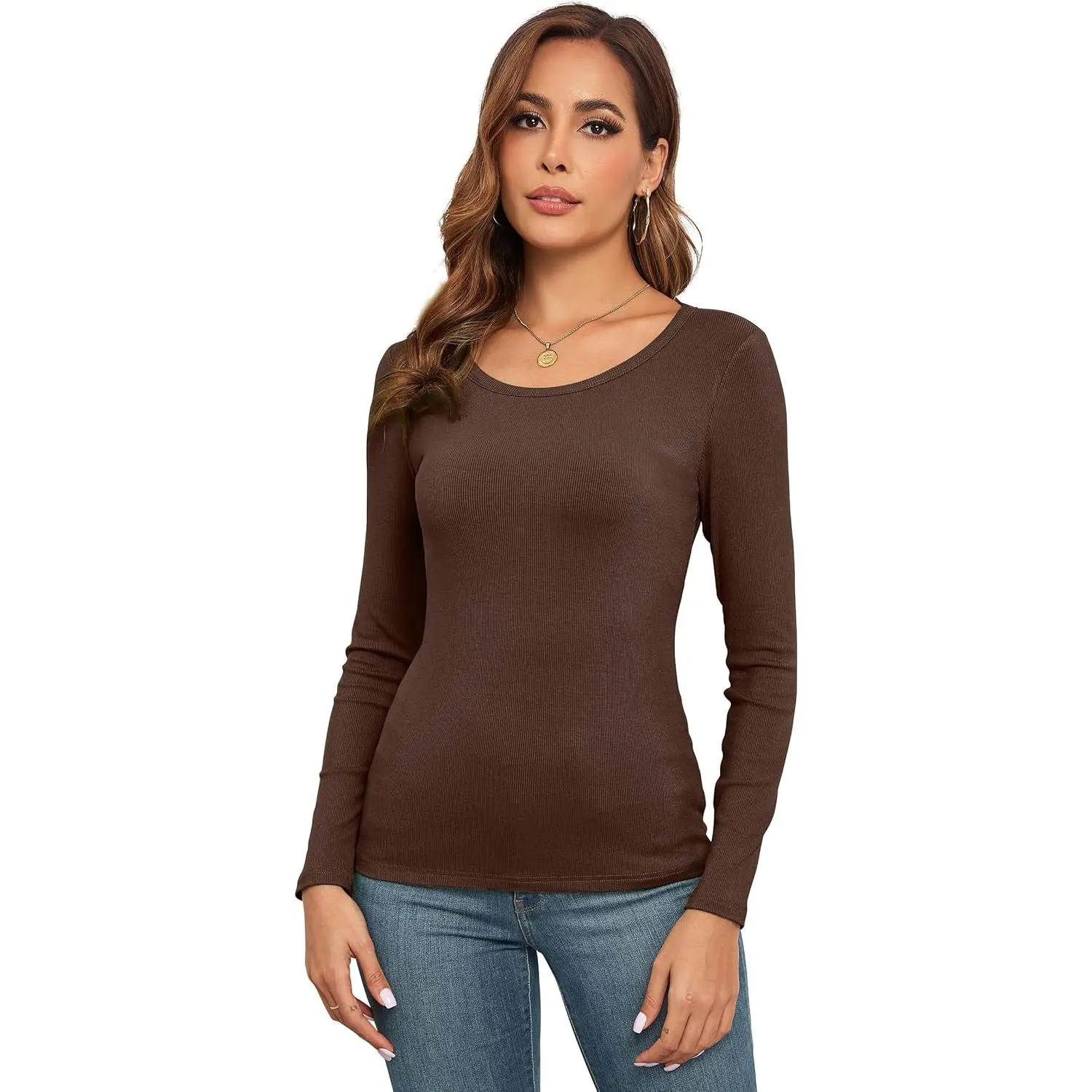 Women's Long Sleeve Tops Ribbed Crew Neck Slim Fit Underscrubs Layer T-Shirts Blouse