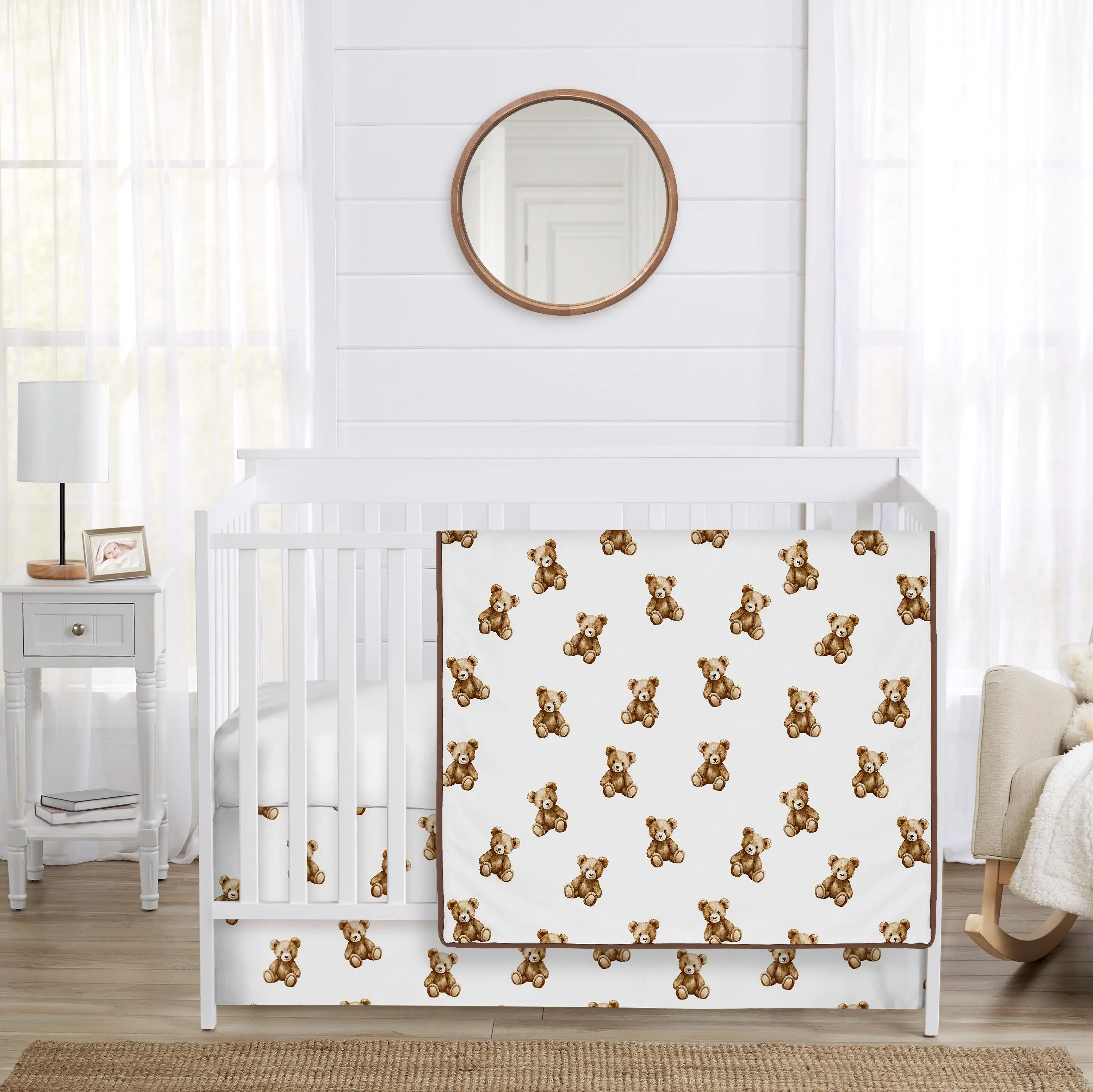 Sweet Jojo Designs 3-Piece Baby Crib Bedding Set (Boho Teddy Bear) for Boys or Girls, Infants/Nursery incl. Blanket, Fitted Sheet and Skirt (Soft Brown Bears, Watercolor, Classic, Wholesome Aesthetic)