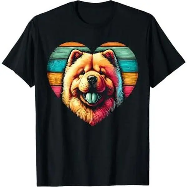 Retro Chow Chow Dog Lover Print Wooden Heart Art Design T-Shirt