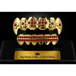 14K Gold Plated Upper & Lower Grillz Cross Fangs Set Iced Red CZ