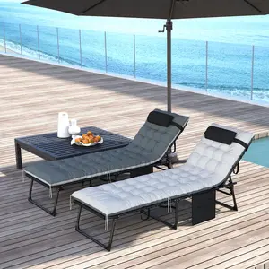 Outdoor Chaise Lounge Chair Set of 2 5-Level Adjustable Folding Pool Lounge Chairs with Cushions Black Gray Breathable Mesh Seating Removable Headrest Portable with Side Pocket