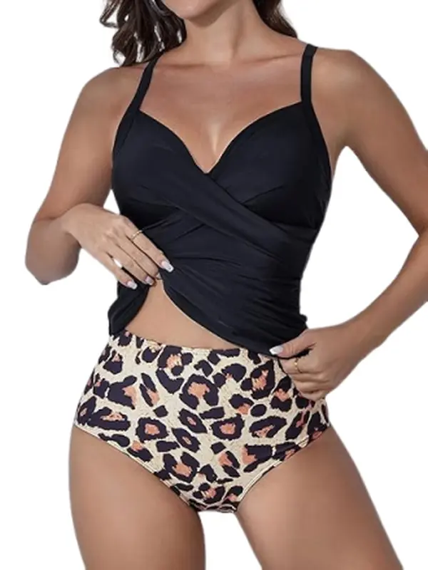 B2prity Women's 2-Piece Ruched Tankini Swimsuits - V-Neck Wrap Tie Back Tankini Tops, Tummy Control Bathing Suits for Casual Beach Days