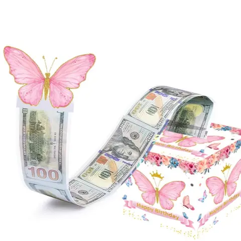 Butterfly Pattern Birthday Themed Cash Box, 1 Set Happy Birthday Money Gift Box with 50pcs Transparent Bag, Surprise Cash Box, Birthday Party Supplies, Gift Package, Gift Box Design, Surprise Gifts