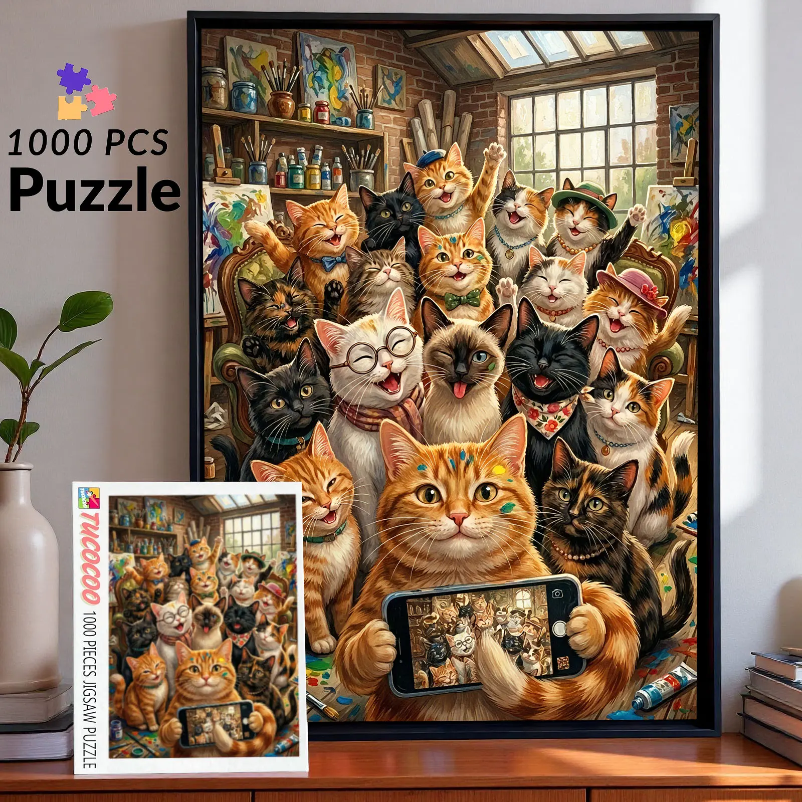 Funny Cat Selfie 1000 Pieces Jigsaw Puzzle, Adorable Cats Taking Group Selfie in Colorful Art Studio with Paint Brushes Creative Artwork, Challenging Brain Game for Adults Family Fun Stress Relief Gift Wall Decor 27.5x20inch 70x50cm