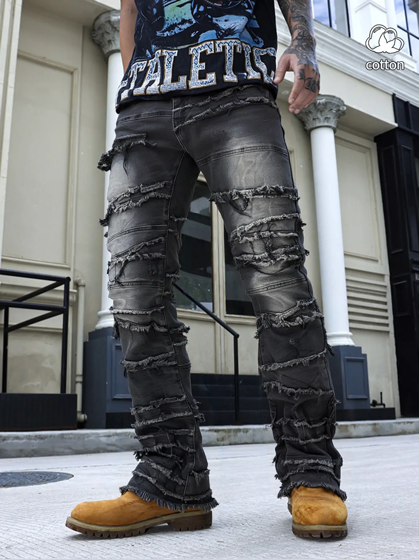 Patch jean men's fringed street style jeans, Denim Embroidery Jeans, slim-fitting elastic embroidered pants, ripped denim Streetwear