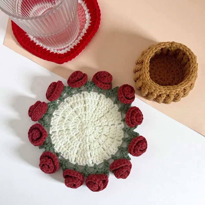 Handmade Crochet Coaster Set with Mini Basket -Boho Floral Coasters Soft Rose Flower Bouquet Knitted Decorative Coasters ,for Coffee Table, Wedding Gift, Housewarming, Home Decor,Birthday Vintage Rose Design