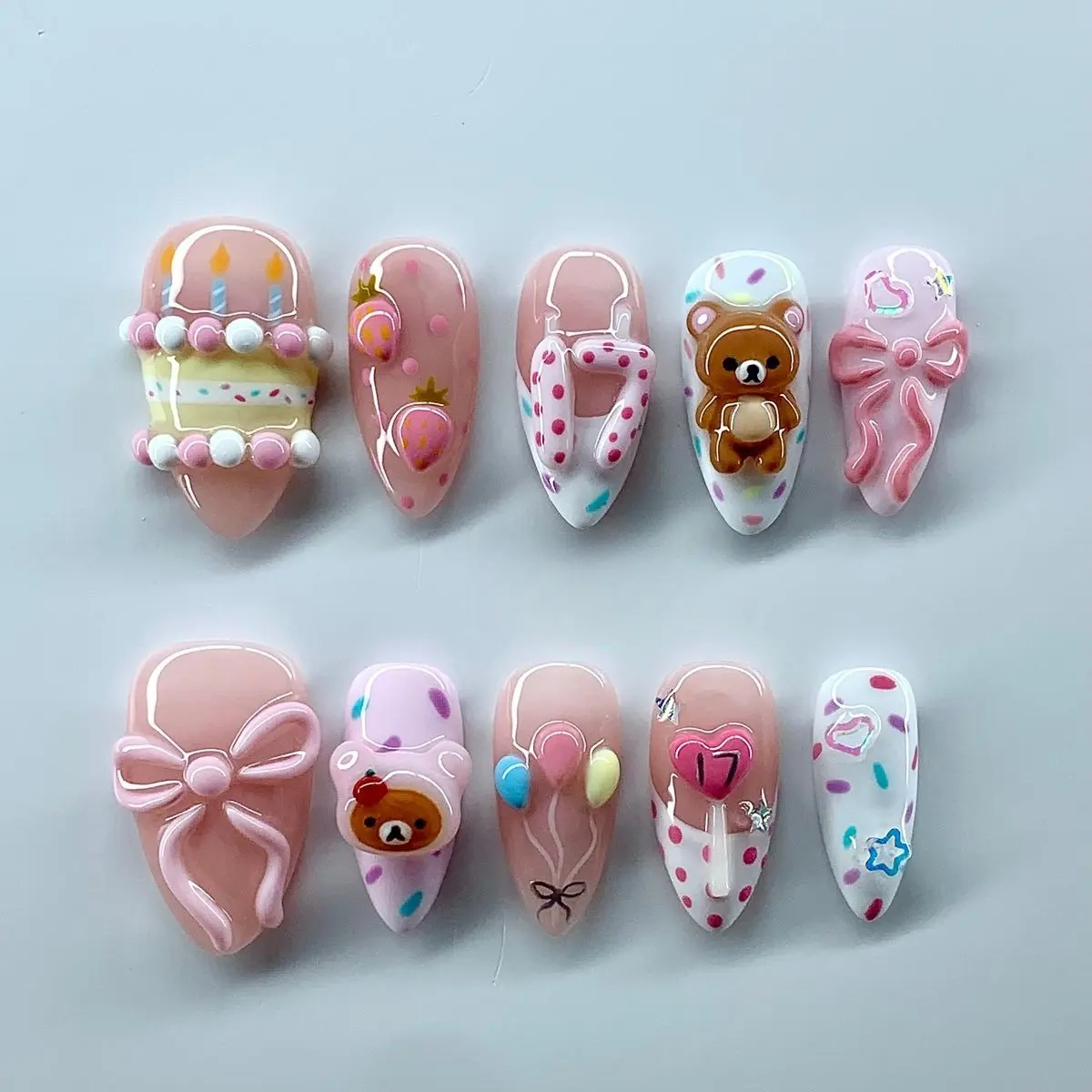 Kawaii Birthday Press On Nails | Handmade 3D Rilakkuma Bear Cake & Pastel Bow Nail Set| FREE Adhesive Tabs  Nail File Cuticle Stick