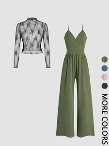 Women's Ditsy Floral Print Lace Top & Spaghetti Strap Cami Jumpsuit Fitted Two-piece Set, Casual Long Sleeve Top & Wide Leg Jumpsuit for Daily Wear, Ladies Two-piece Outfits for All Seasons, Going Out Sets, Summer 2 Piece Set