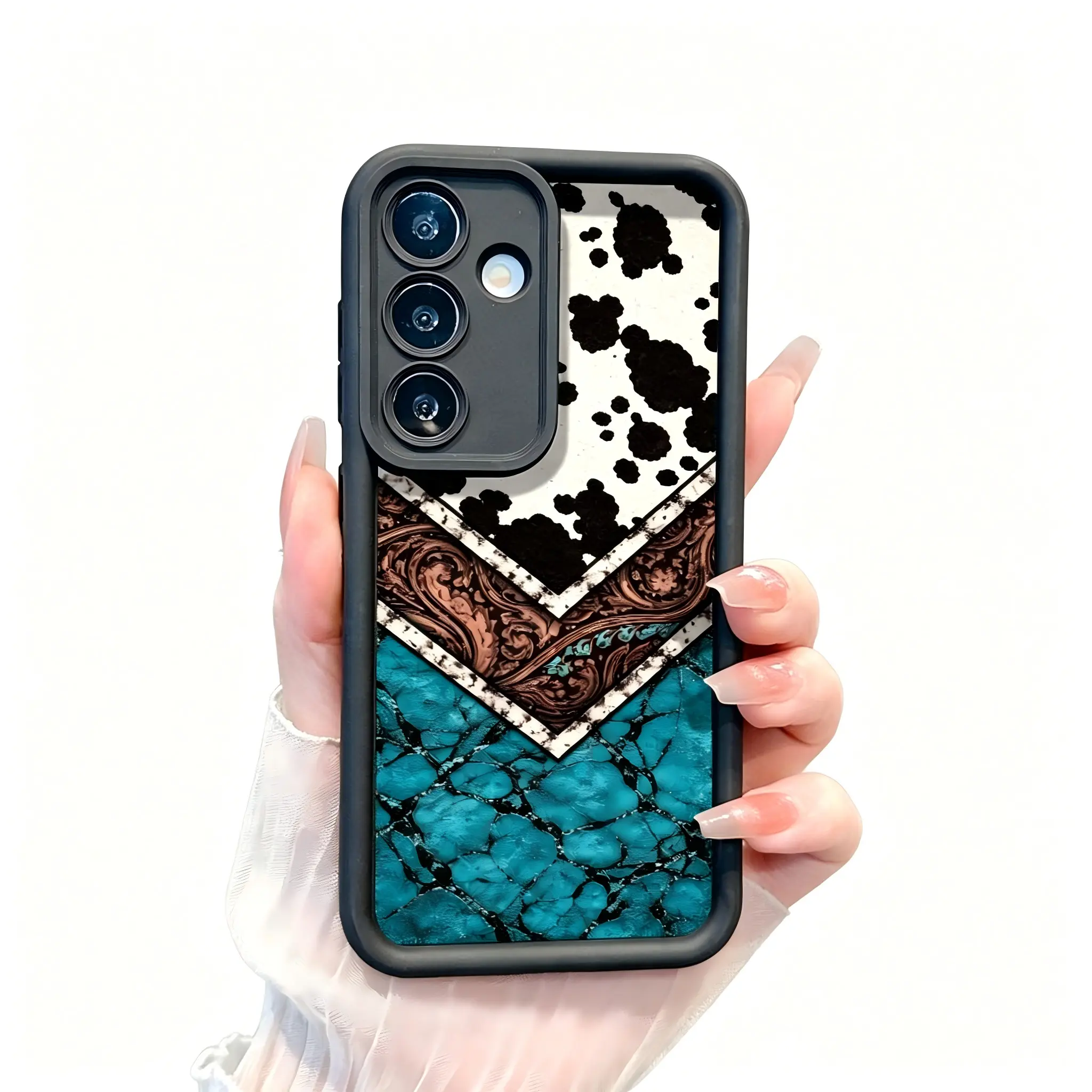 Cowhide Western Southwestern Turquoise Tribal ChicStylish Stepped Groove Phone Case, Shockproof Protective Slim Cover, for Samsung Galaxy S26 S25 S24 S23 S22 S21 Fe Plus Ultra A13 A14 A15 A16 A17 A33 A34 A35 A36 A52 A53 A54 Note20