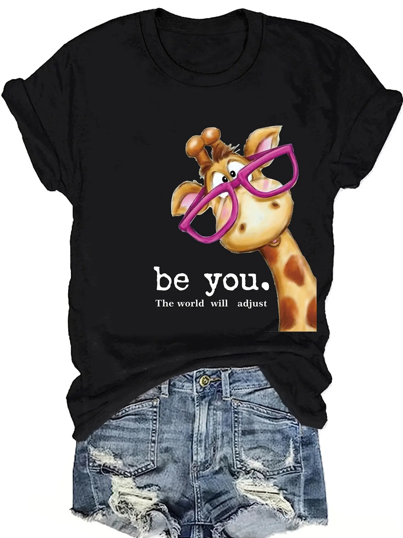 Giraffe Printed Short Sleeve Round Neck T-shirt Spring and Summer Casual Top Women's Clothing